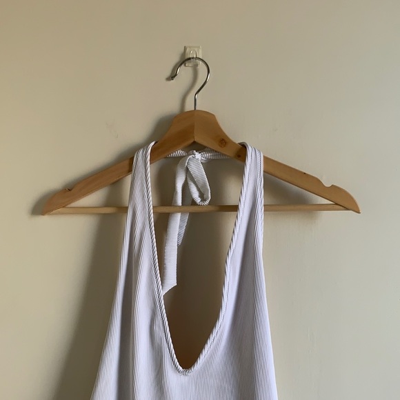 Aerie White Ribbed V Neck Deep Plunge Low Back Swimsuit - Picture 4 of 9